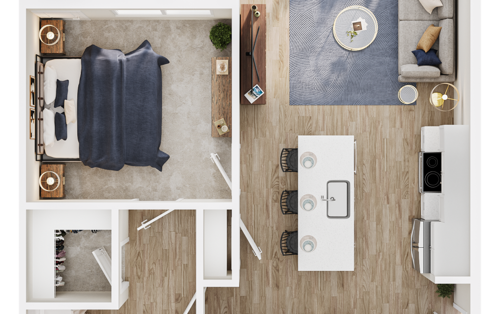 A1 - 1 bedroom floor plan layout with 1 bathroom and 738 square feet (3D)